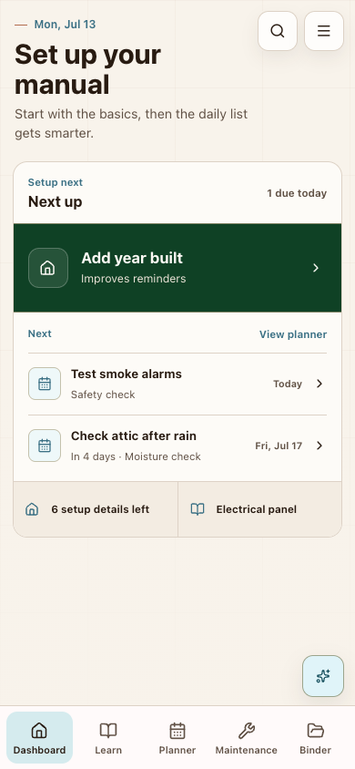 House Manual dashboard showing setup, urgent care, seasonal preparation, and the home planner